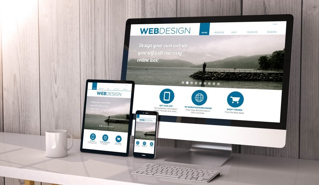 Digital generated devices on desktop, responsive blank mock-up with web design fluid template website  on screen. All screen graphics are made up.