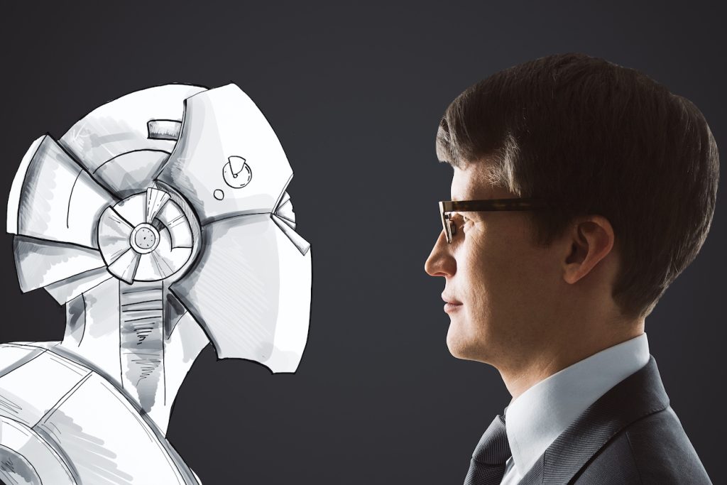 A robot sketch faces a male lawyer wearing glasses and a suit.