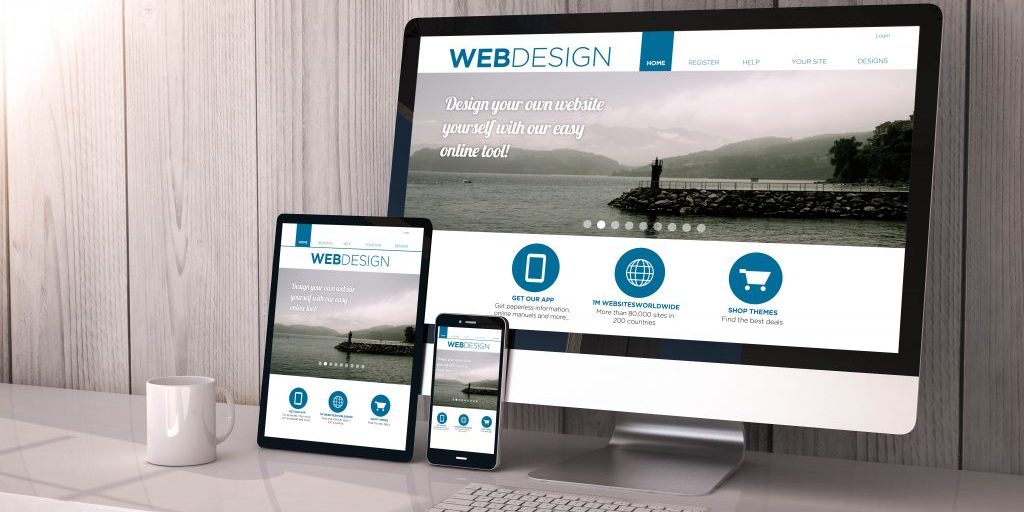 Digital generated devices on desktop, responsive blank mock-up with web design fluid template website  on screen. All screen graphics are made up.