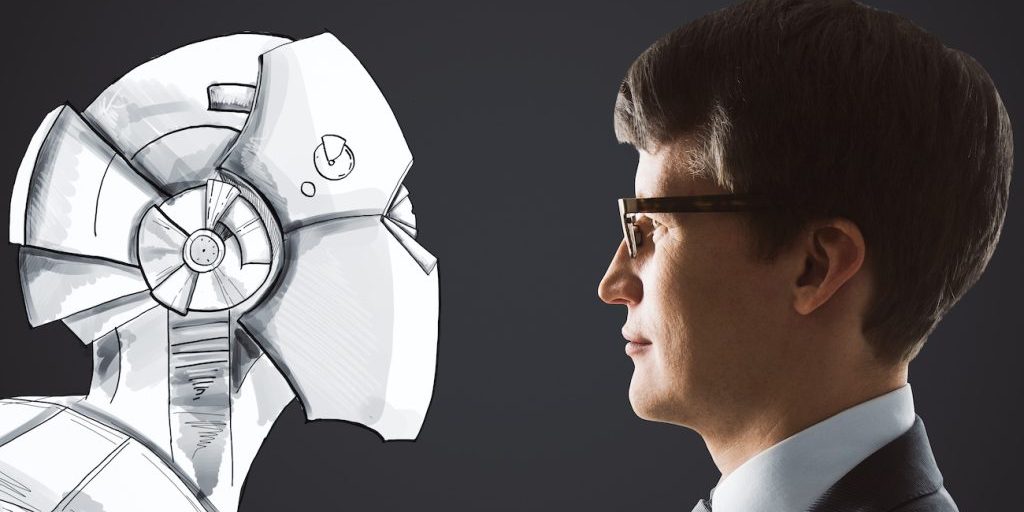 A robot sketch faces a male lawyer wearing glasses and a suit.
